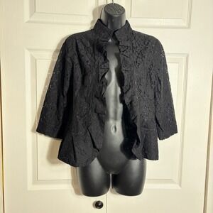 VTG Yvonne Marie for Revue Lace Jacket Women S Black Ruffle Y2K Shrug Open Front